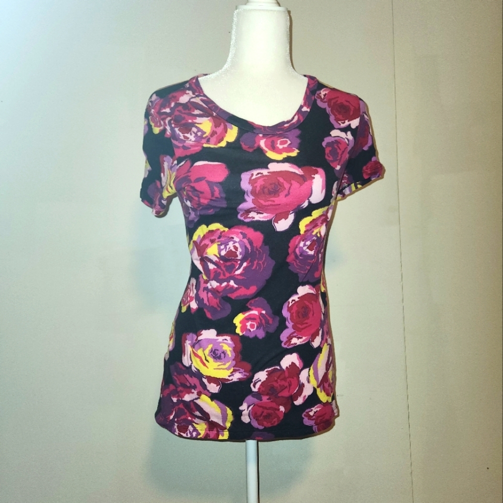 Vintage Y2k Express Featherweight Navy Pink Rose Floral Print Shirt Medium M EUC